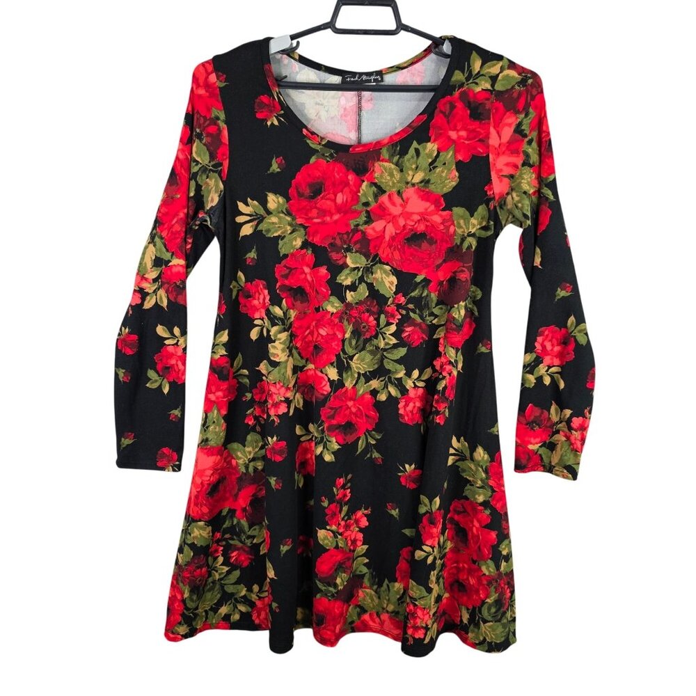 Womens French Atmosphere Black & Red Floral Print Dress Long Sleeve Polyester XL